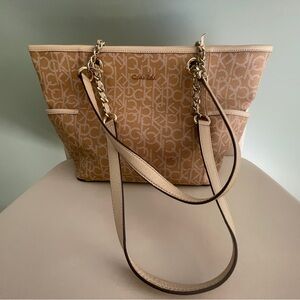 Women's Calvin Klein Cream and Tan Initial Logo Tote